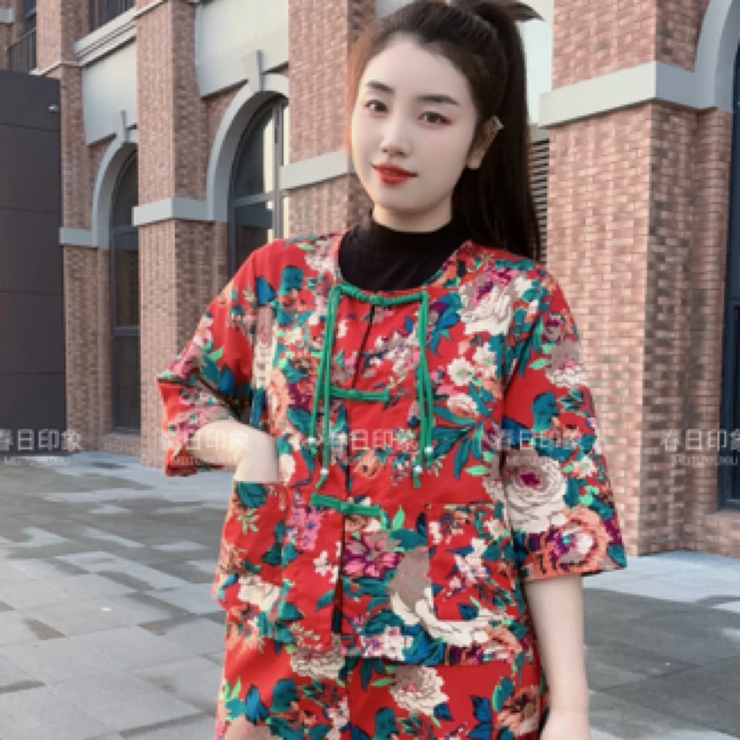 春夏新款新中式复古国风东北大花园领中袖上衣花朵短款防晒衬衫