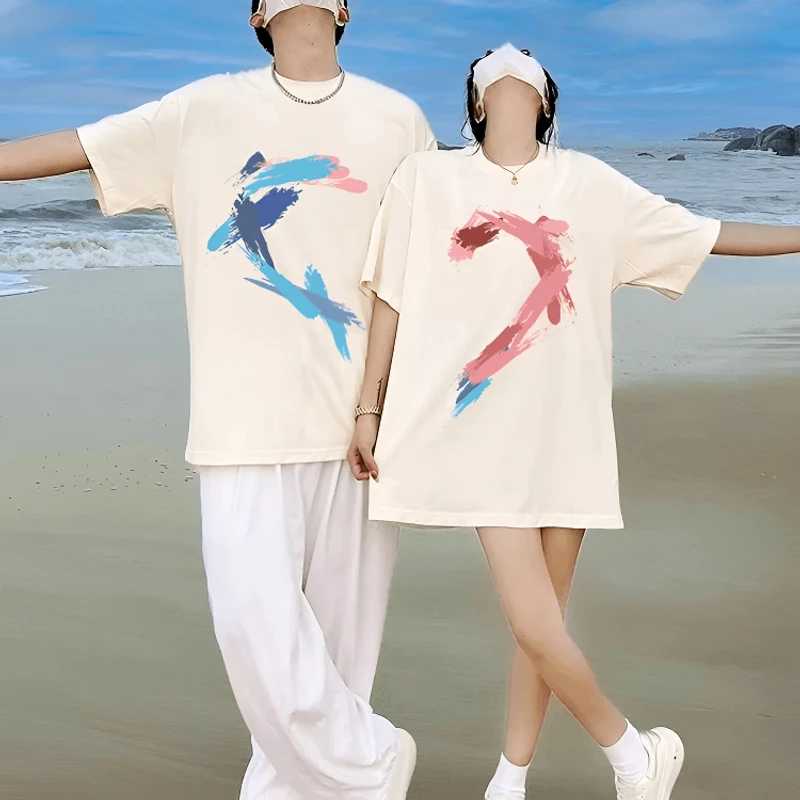 涂鸦爱心情侣装短袖纯棉重磅T恤夏季圆领男女款宽松百搭时尚半袖t