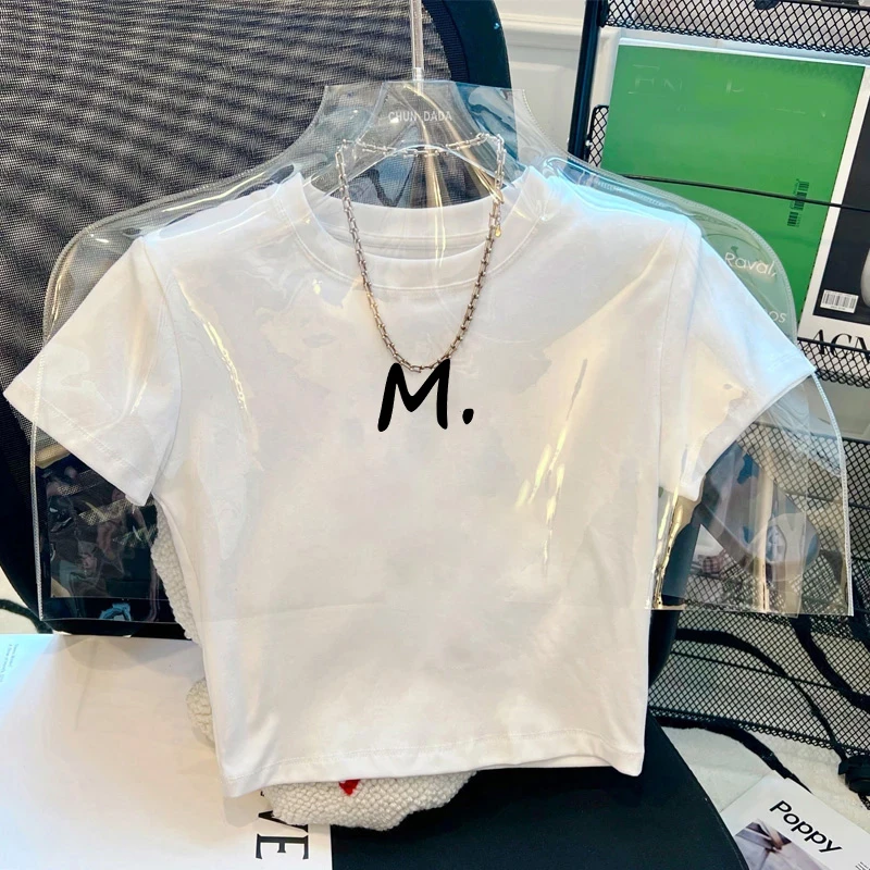 白色正肩印花短袖T恤女夏季设计感小众辣妹修身露脐短款上衣洋气