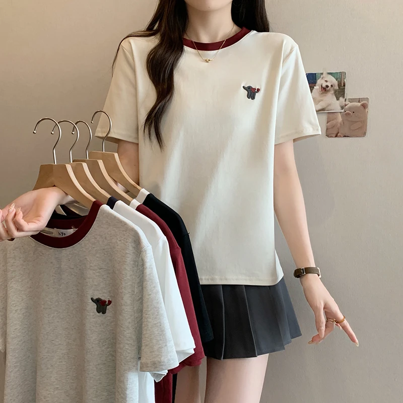 哺乳期妈妈上衣夏装时尚外出夏季宽松大码女撞色圆领喂奶衣T恤