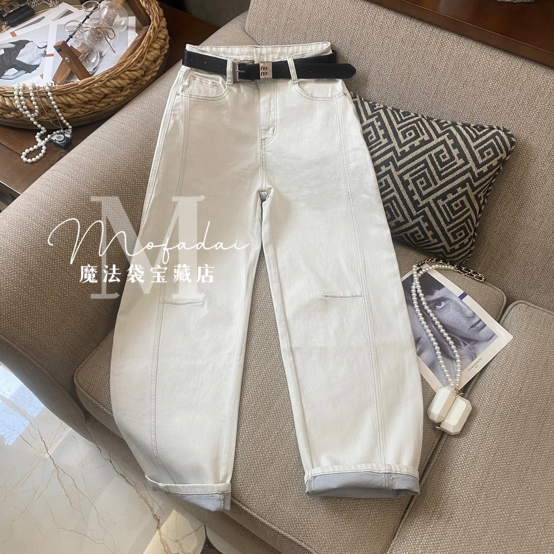 【魔法袋】老钱灰色扭缝裤春季新款牛仔裤女装宽松弹力直筒弯刀长裤