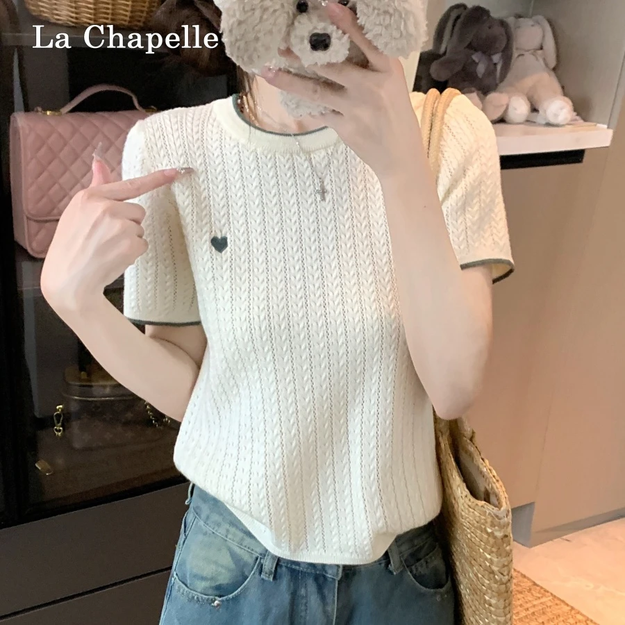 拉夏贝尔百搭刺绣夏季圆领小众时尚女短款白色毛针织衫短袖t恤