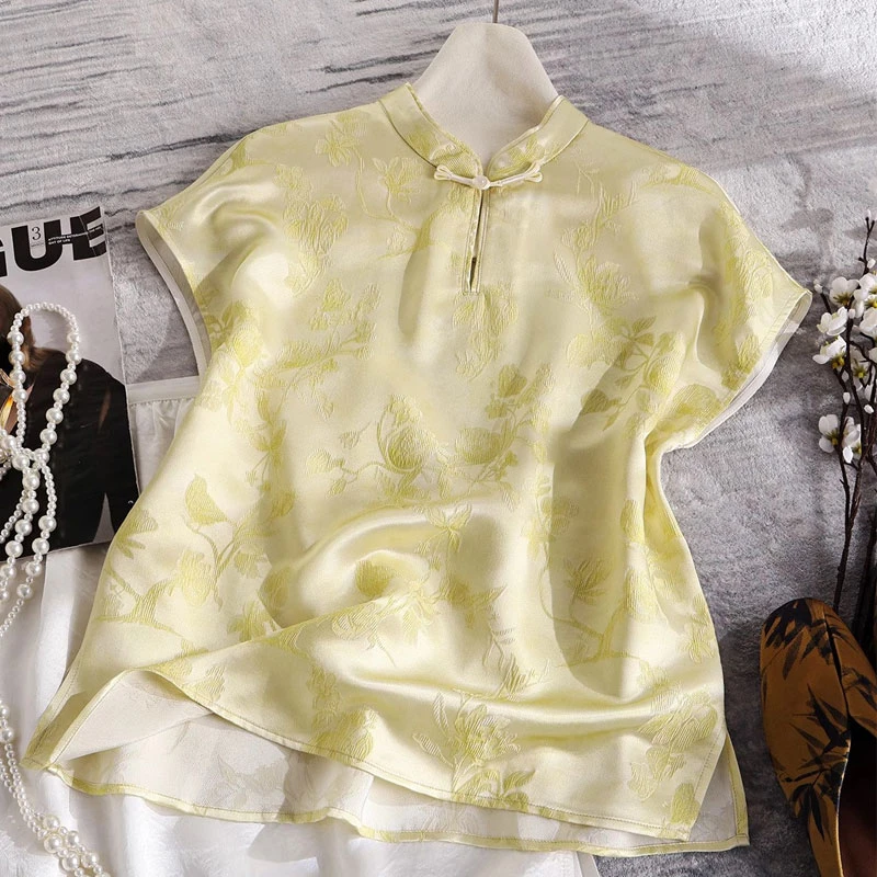 2025新中式国风复古t恤女设计感夏醋酸缎面提花立领小衫无袖上衣