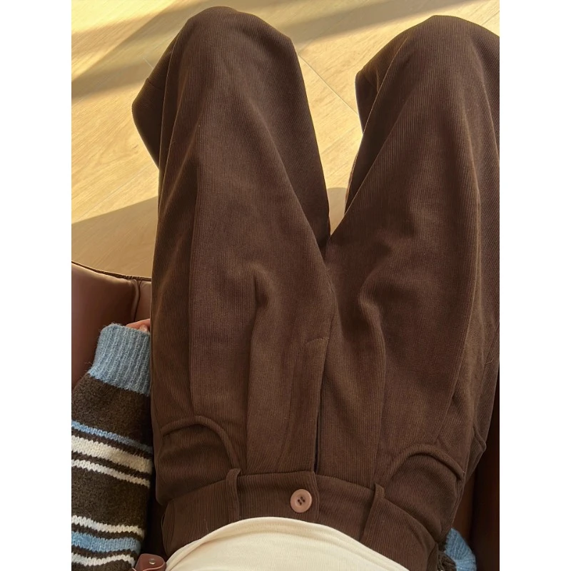 咖色时尚感灯芯绒西装裤女秋冬季2025新款加绒高腰针织休闲阔腿裤