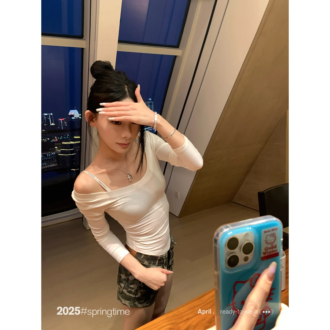 SUNONEONE 天丝露肩防晒T恤女夏季薄款圆领长袖修身上衣H0998C