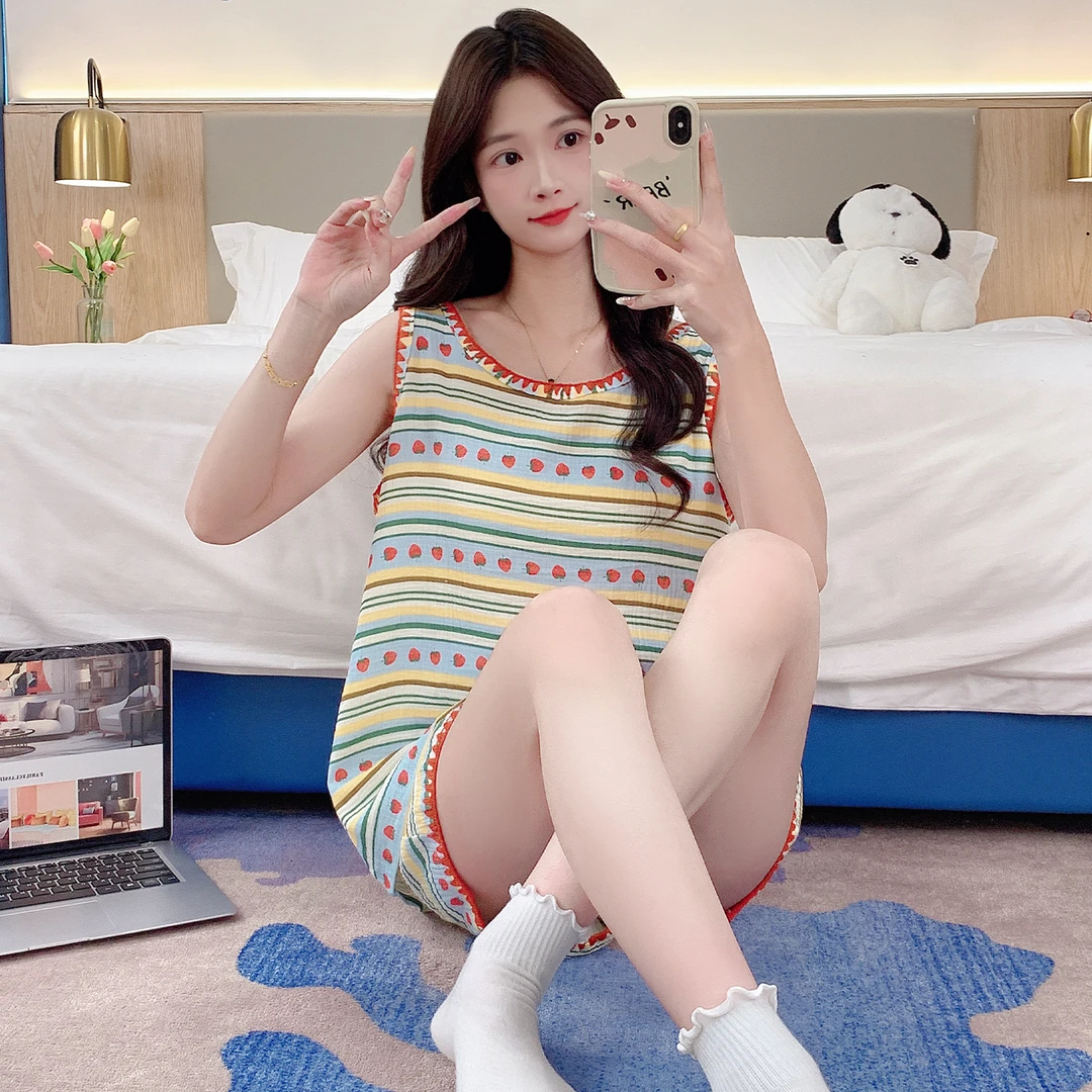 睡衣女夏季100%纯棉睡衣女款无袖短裤宽松草莓条纹女士家居服套装