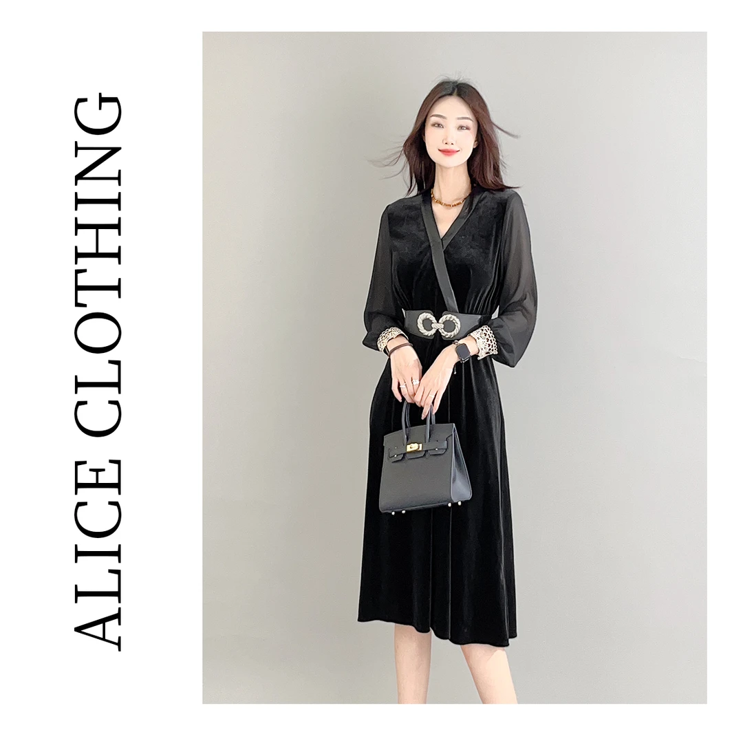 4alicelulu“气场全开”名媛连衣裙金属腰带光泽丝绒S2133527F