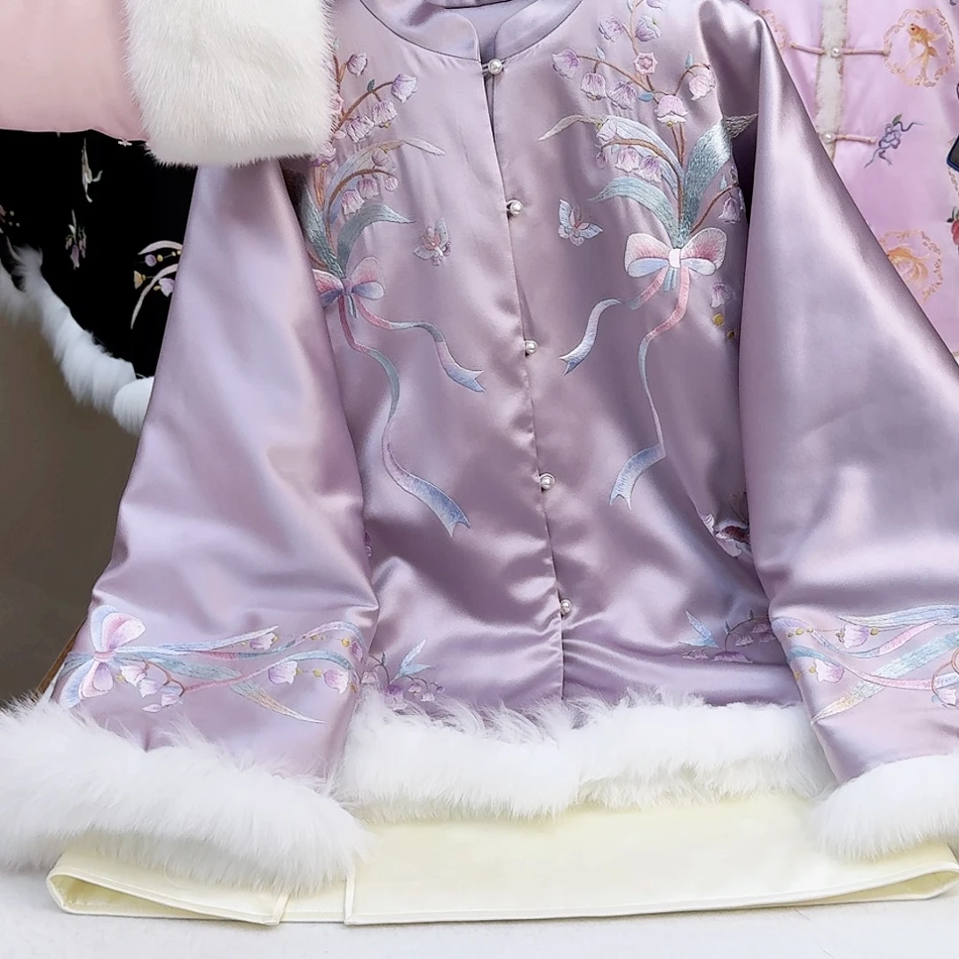 织绣真丝烟紫色 铃兰花棉服