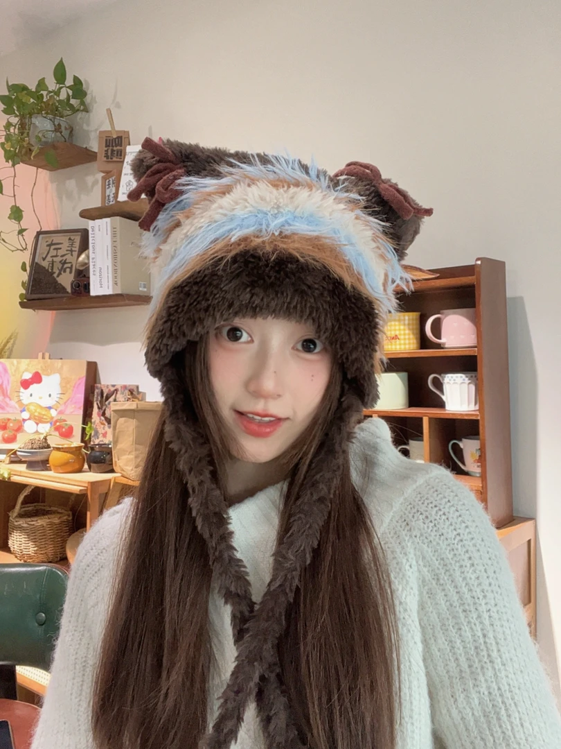 【手工猫咪帽】猫耳朵毛绒帽女冬蝴蝶结条纹护耳帽显脸小保暖毛线帽