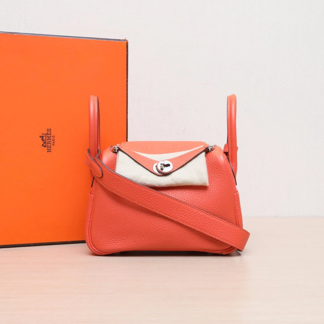 99新 Hermes/爱马仕 小花Jerry活动Lindy Mini 火焰橙TC皮 Y刻 银