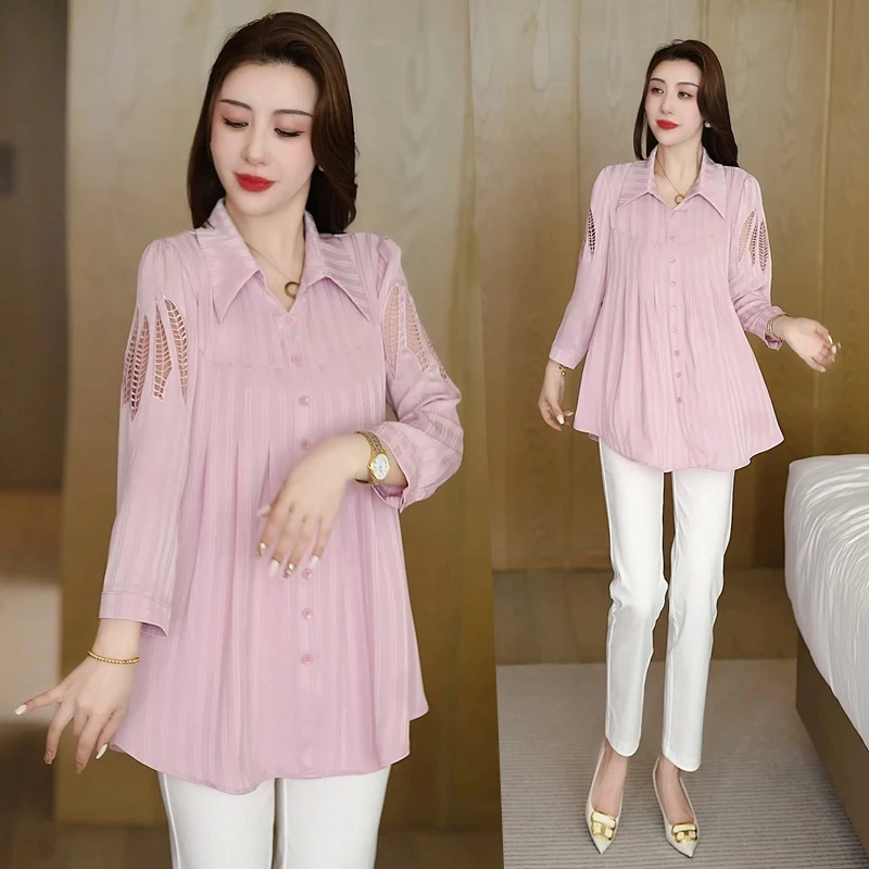 女士中长款七分袖衬衫2025夏季新款宽松上衣遮肉显瘦百搭大码衬衣