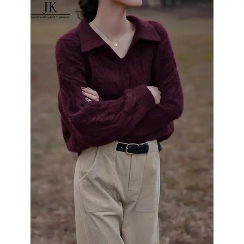 JK法式复古轻奢纯色毛衣针织衫女2025秋新款宽松慵懒显瘦减龄上衣