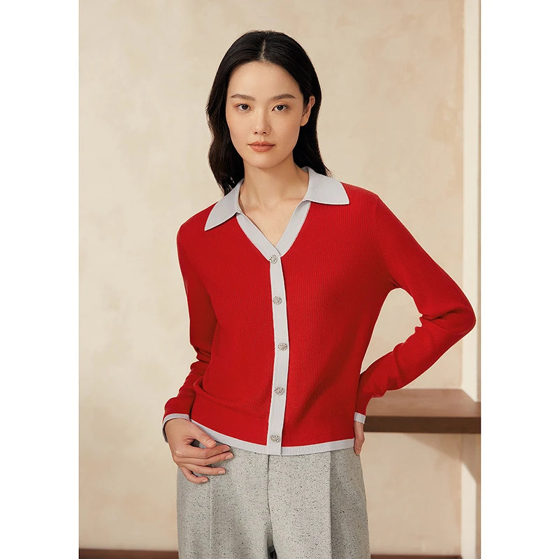 YINER音儿2025春季新款高级感V领拼色翻领毛针织衫8C35106040