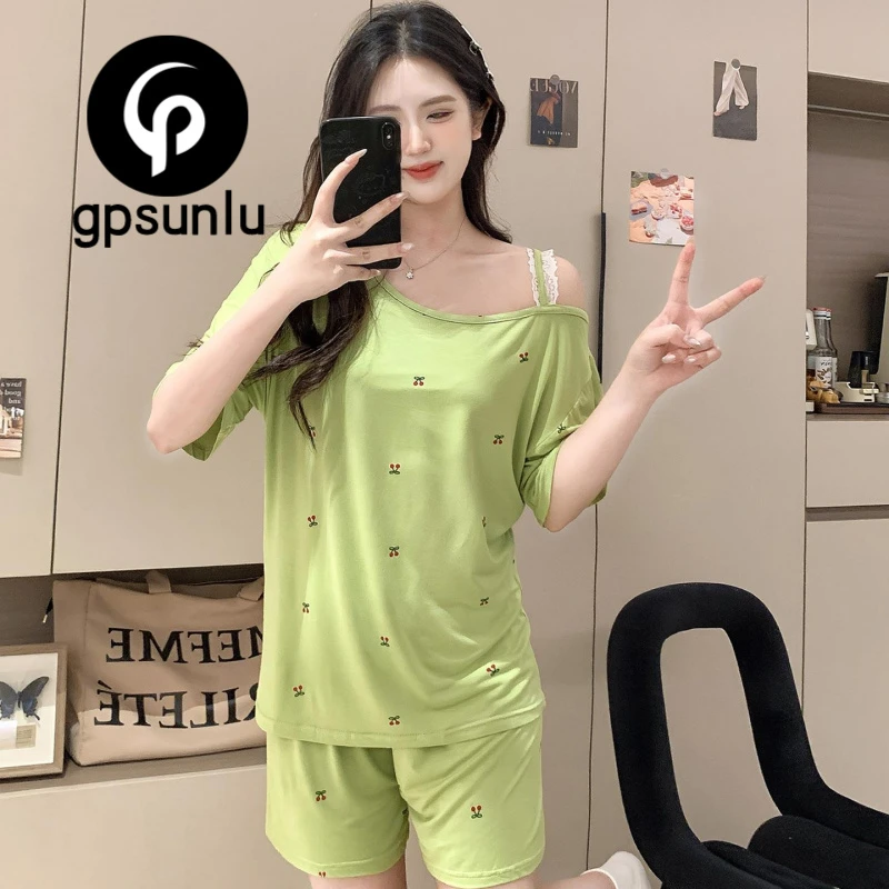 GPSUNLU2025夏季新款短袖莫代尔性感斜肩睡衣女甜美樱桃家居服