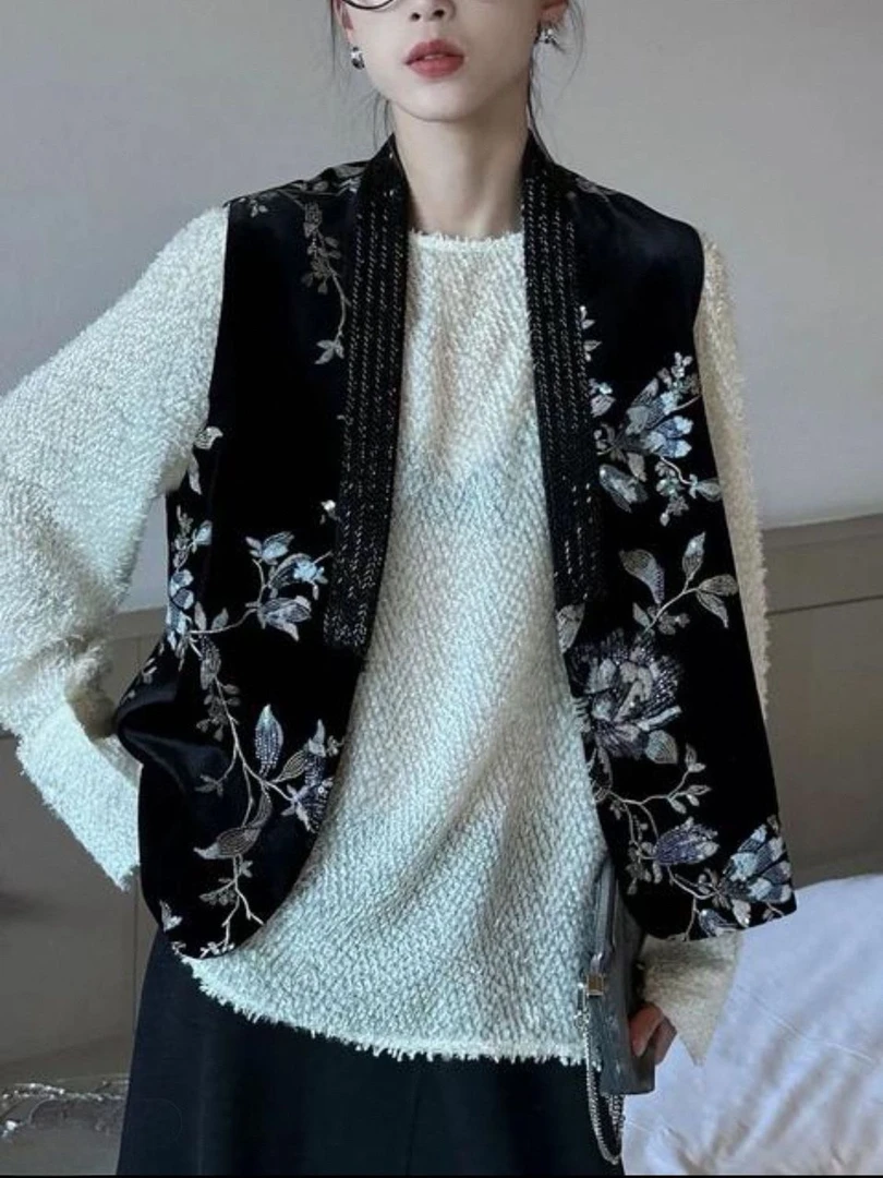 新中式轻奢重工钉珠刺绣V领钉珠丝绒马甲女时尚百搭气质坎肩背心