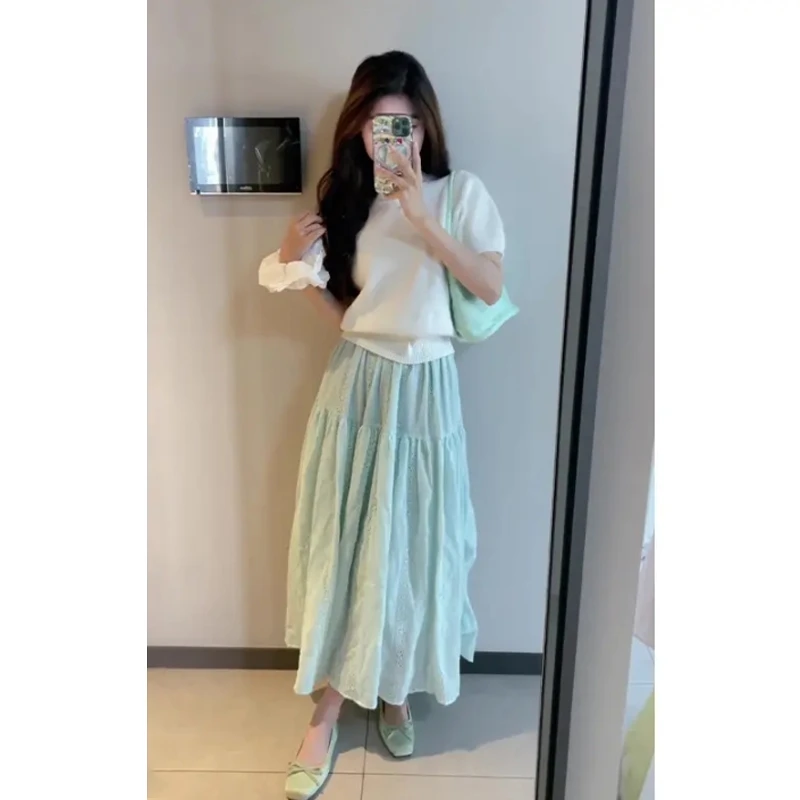 2025春季新款法式气质短袖圆领针织上衣百搭高腰显瘦半身裙二件套