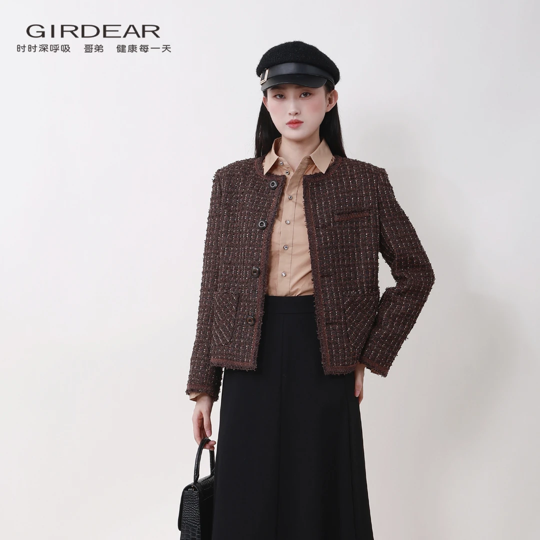 GIRDEAR/哥弟 格雷系纯手工拉花银葱粗花呢小香风短款外套140042