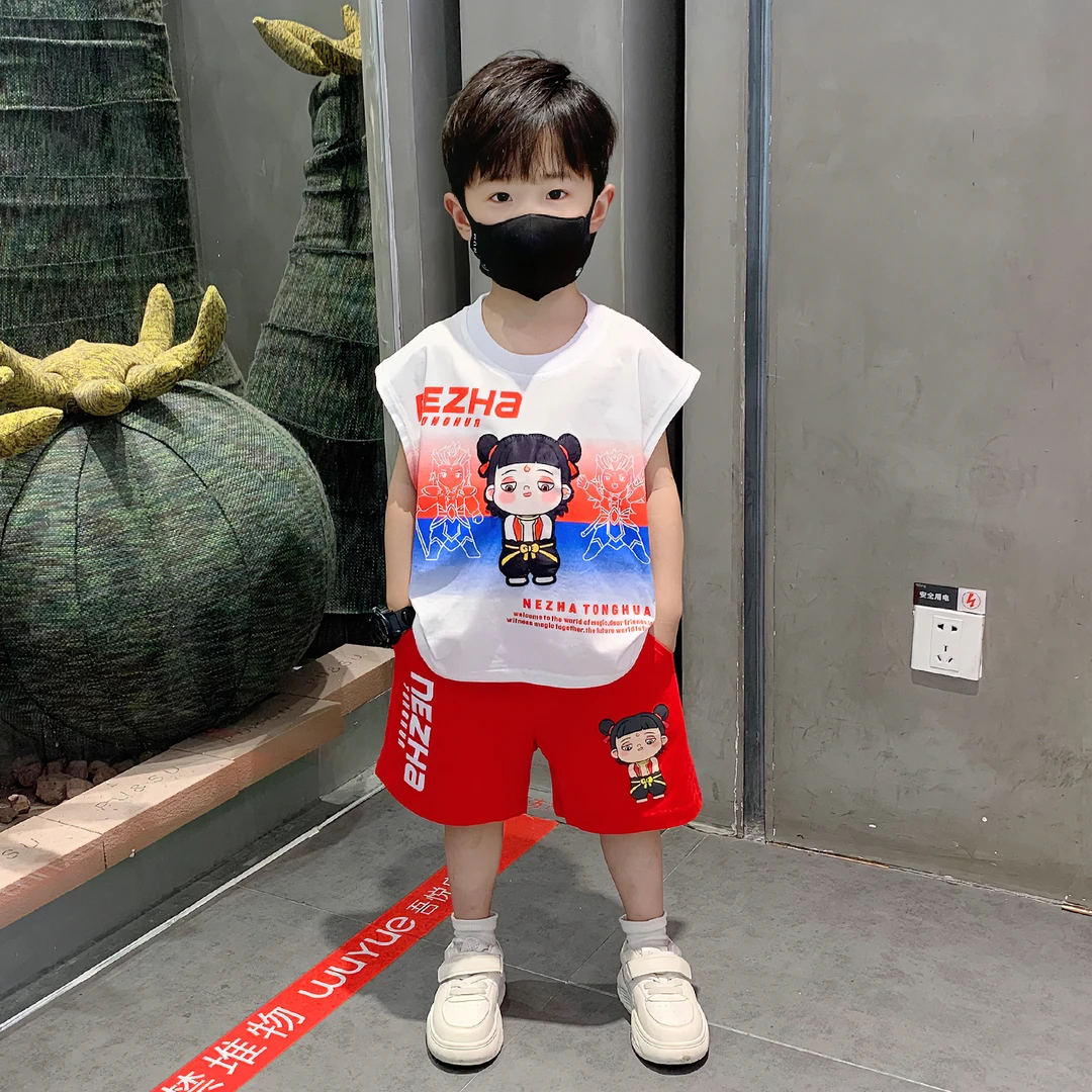 哪吒儿童衣服2025新款男童夏套装时髦小男孩薄款背心宝宝无袖夏装