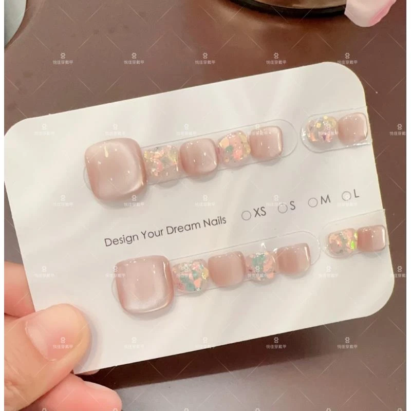 【粉黛】纯手工脚甲粉色猫眼夏季新款穿戴脚甲14片