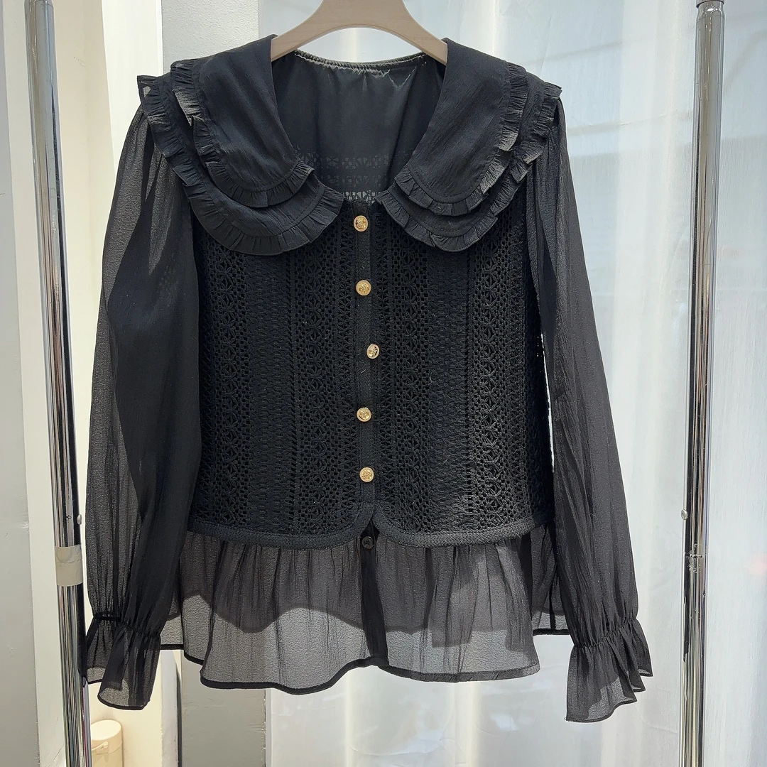 TU姐 春季大码双层娃娃领飞边超仙洋气百搭显瘦假两件衬衣上衣