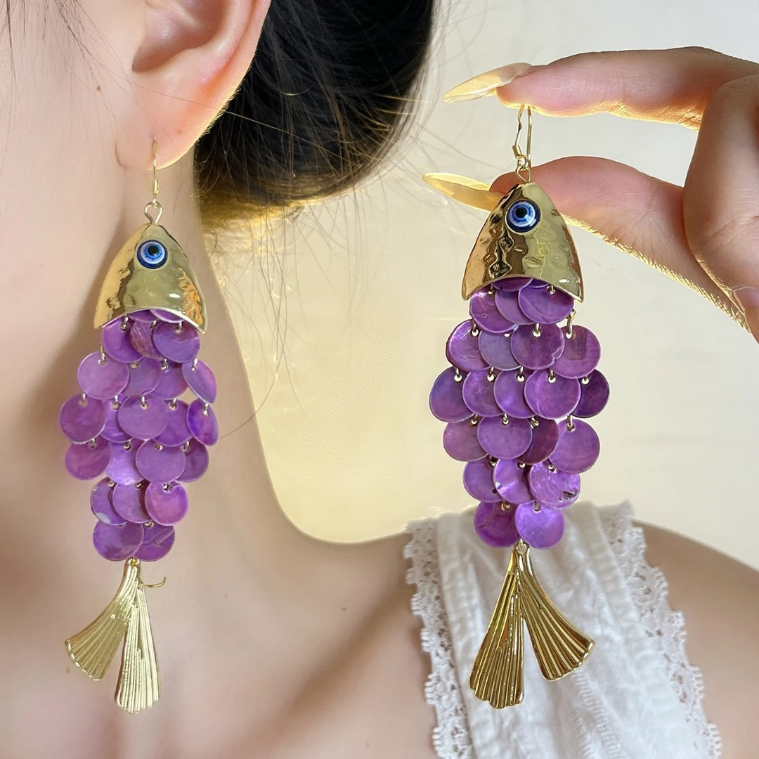 铜合金耳饰 复古鱼鳞贝壳流苏耳钩耳环女夸张高级感耳钉气质耳饰