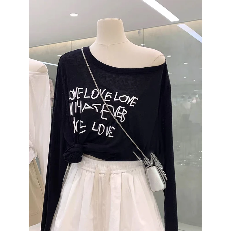 夏季新款气质时尚百搭气质纯色设计感斜领印花宽松显瘦长袖T恤