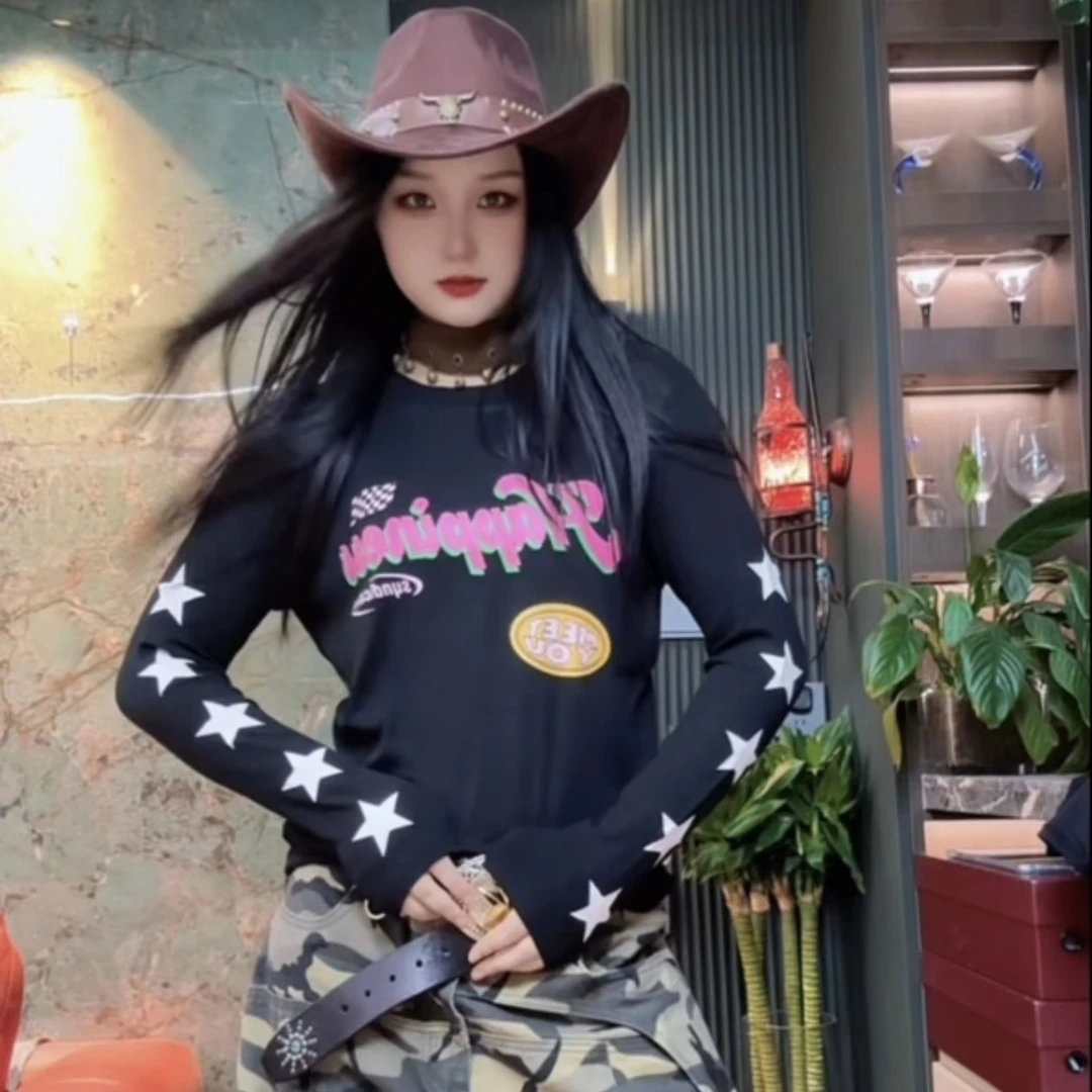 半高领字母女印花长袖常规款T恤网红套头百搭