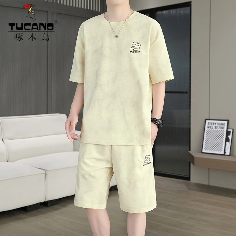 啄木鸟百搭夏季青少年男士套装短袖T恤搭潮流宽松短裤英伦风简约