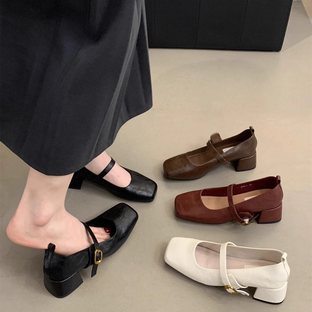 法式复古玛丽珍鞋女2025年春季新款浅口方头粗中跟配裙子浅口单鞋