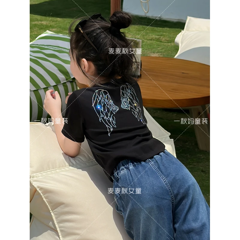 【现货-立体烫钻天使翅膀T恤+面料吸汗】女童夏季T恤【XA241041】