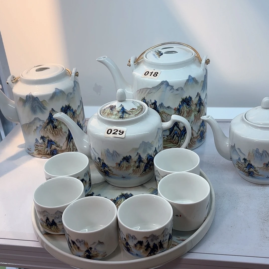 壶陶瓷千里江山图侧把壶➕六个杯子➕茶盘