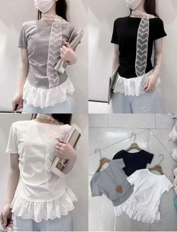 韩系蕾丝花边显瘦T恤