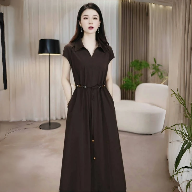 有口袋广州十三行真丝短袖连衣裙女夏2025新款中长款收腰显瘦裙子