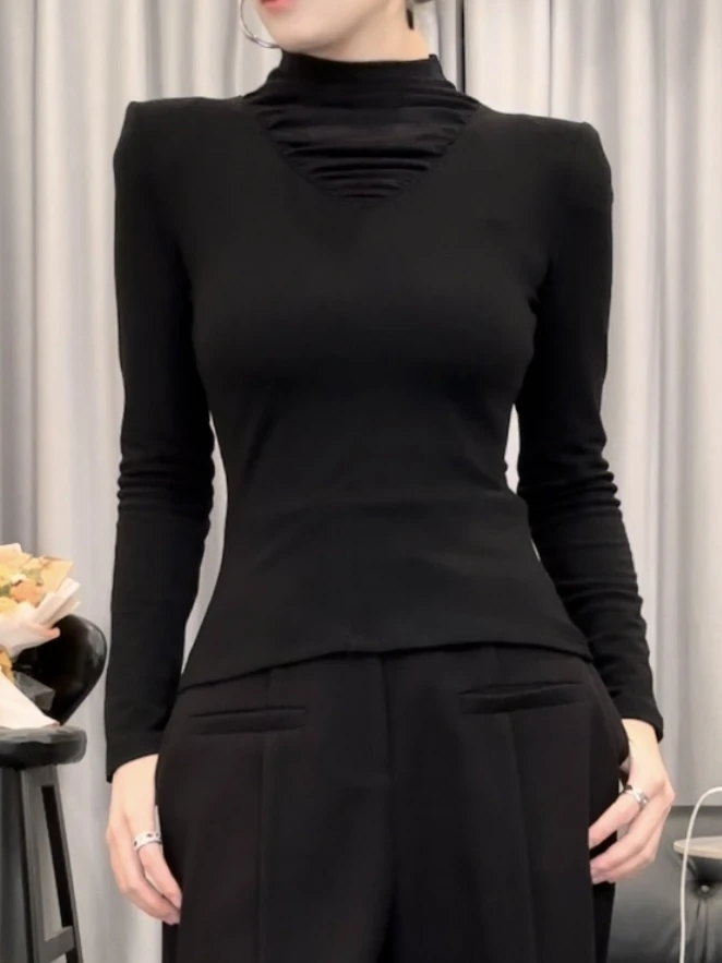 D8652半高领网纱拼接t恤长袖女秋冬新款内搭磨绒打底衫修身上衣潮