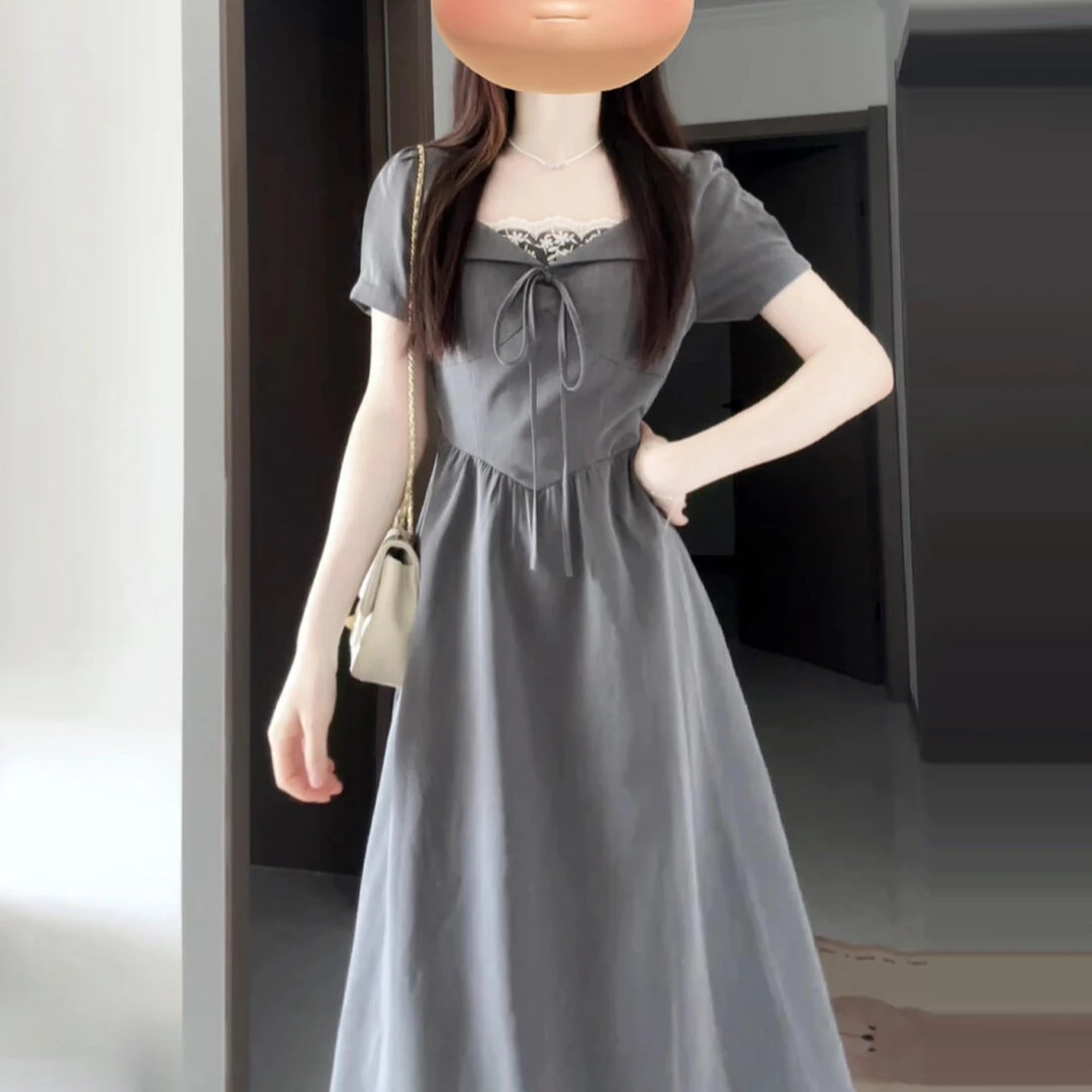 法式灰色连衣裙子女夏季2025新款今年流行爆款巨好看绝美掐腰长裙