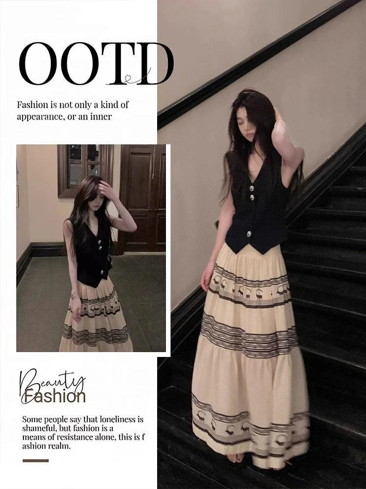 新款知识分子冷淡系独特别致高腰a字白色半身裙子女时尚上衣套装