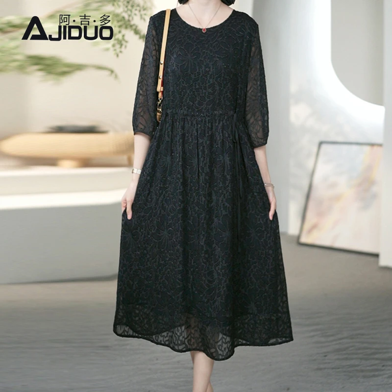 阿吉多A32395黑色高级烧花七分袖连衣裙2025早秋新款收腰妈妈裙子