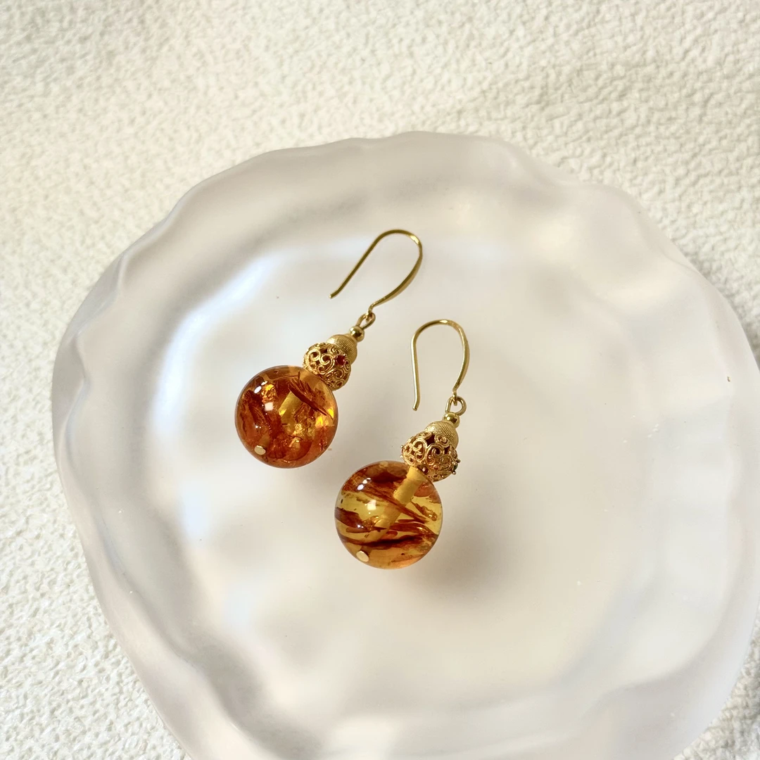 美创珠宝天然原矿琥珀俄罗斯花珀13+mm金葫芦设计款耳饰耳钩耳环