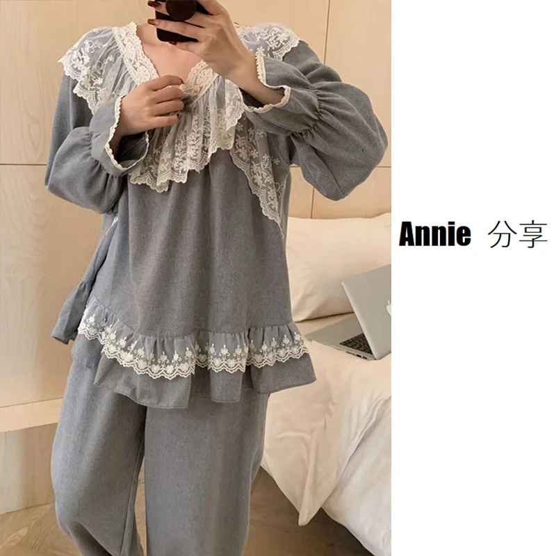 爆款/韩国ins风/网红款/时尚睡衣女/长袖秋冬蕾丝家居套装