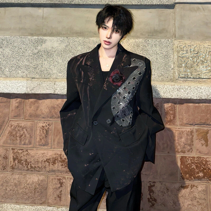 FMQZ STUDIO痞帅手工涂鸦西装外套男高级感宽松暗夜玫