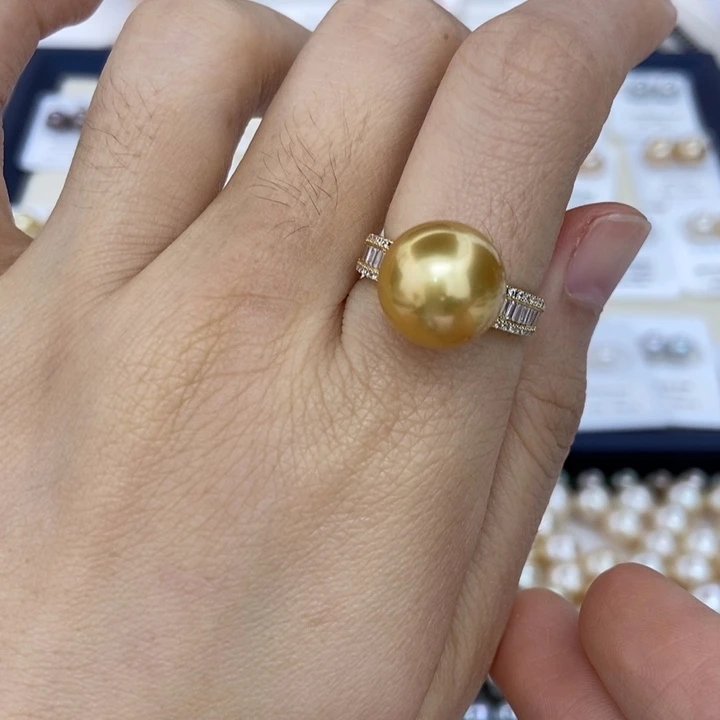 银S925镶嵌戒圈海水珍珠金珠12-13mm