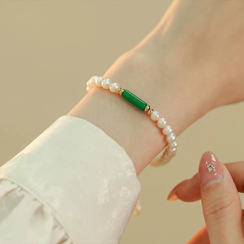 铜合金仿珍珠手链 碧绿珠珠手链清冷感美人显白手饰~清明踏青特惠