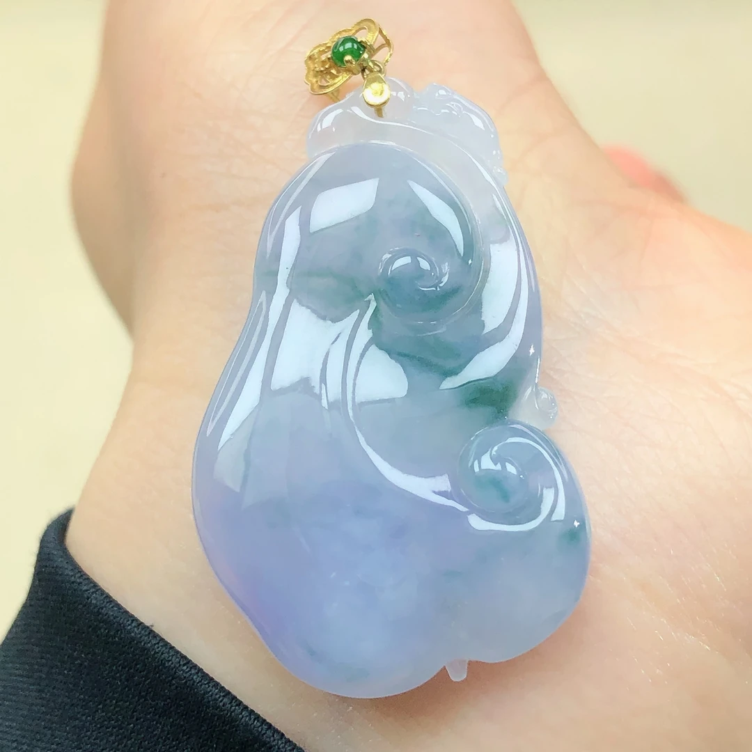 是18k金镶嵌天然a货翡翠珠宝玉石冰种紫罗兰飘花如意吊坠直播间44