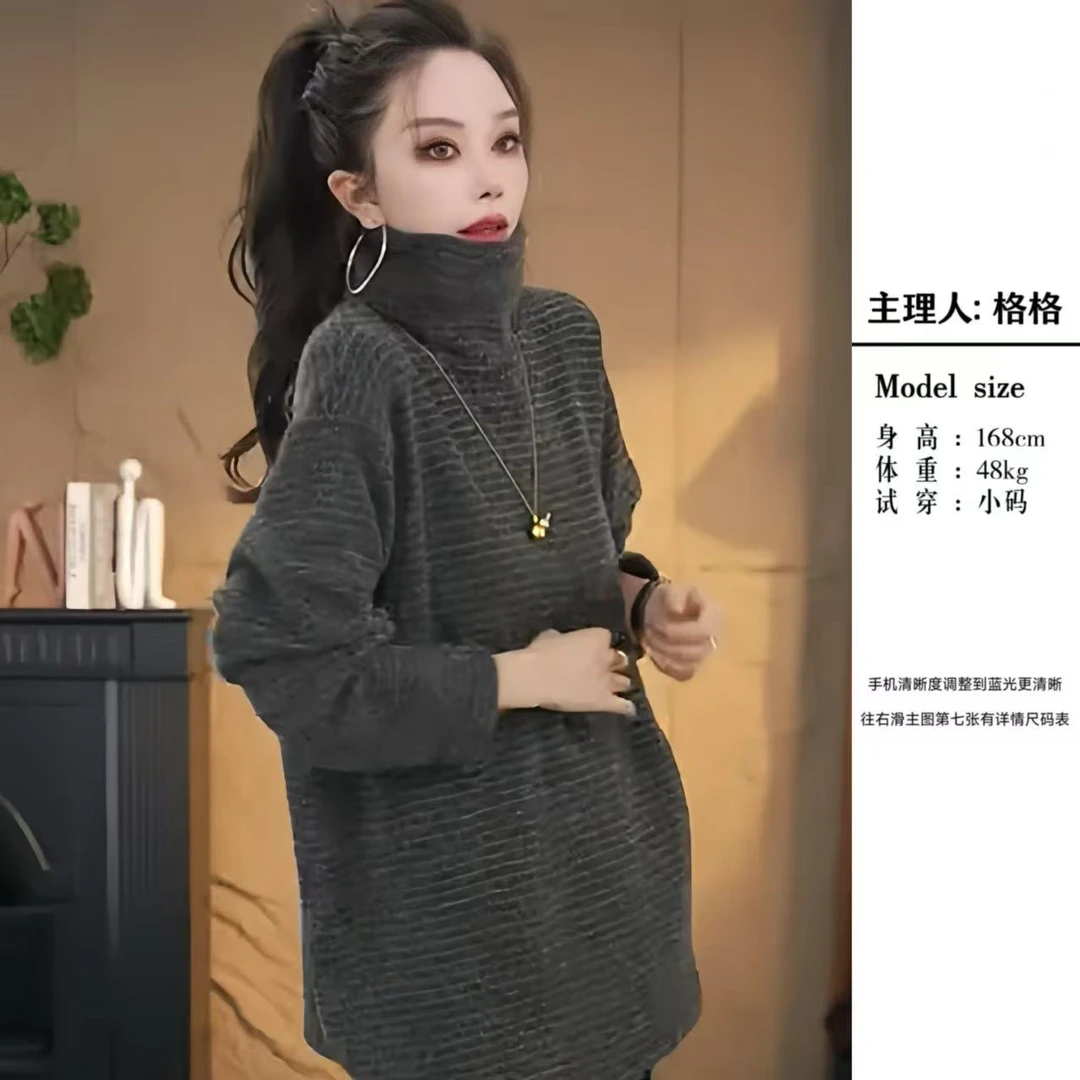 【格小姐】9899-3秋款欧版潮流气质简约高领条纹时尚宽松百搭卫衣女
