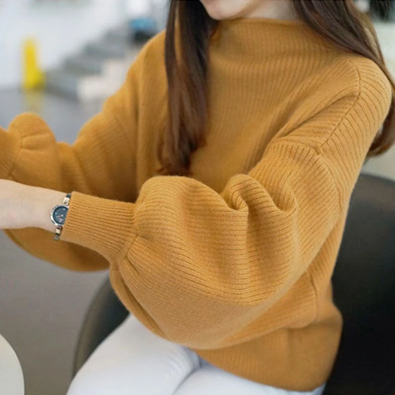 秋冬新款韩版半高领宽松显瘦套头灯笼袖针织毛衣上衣女外穿