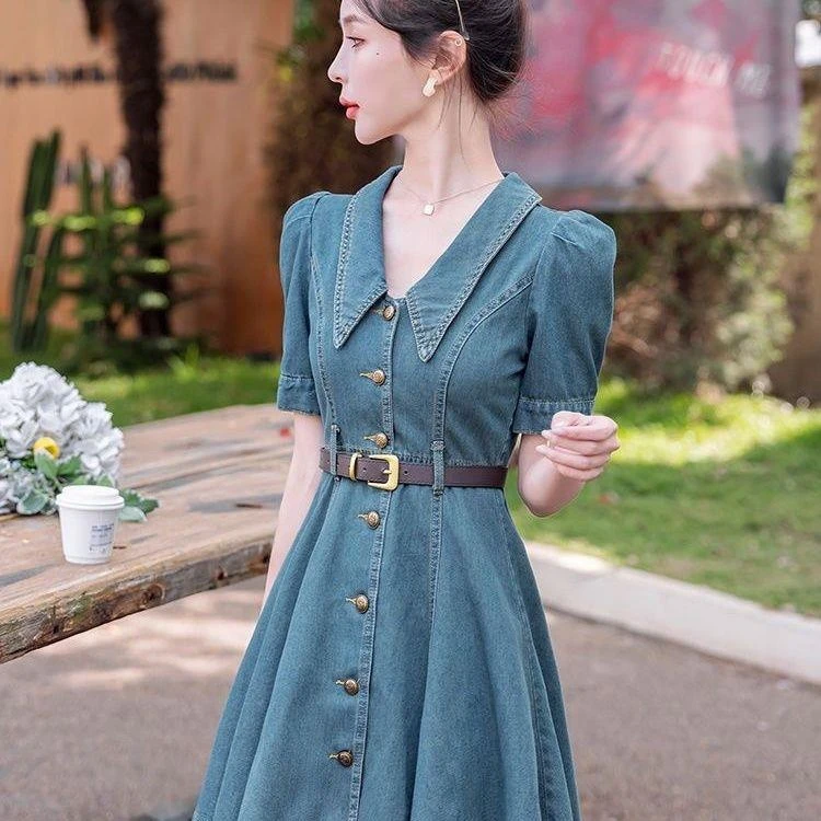 港风短款牛仔连衣裙女2025夏季新款韩版透气收腰复古气质显瘦裙子