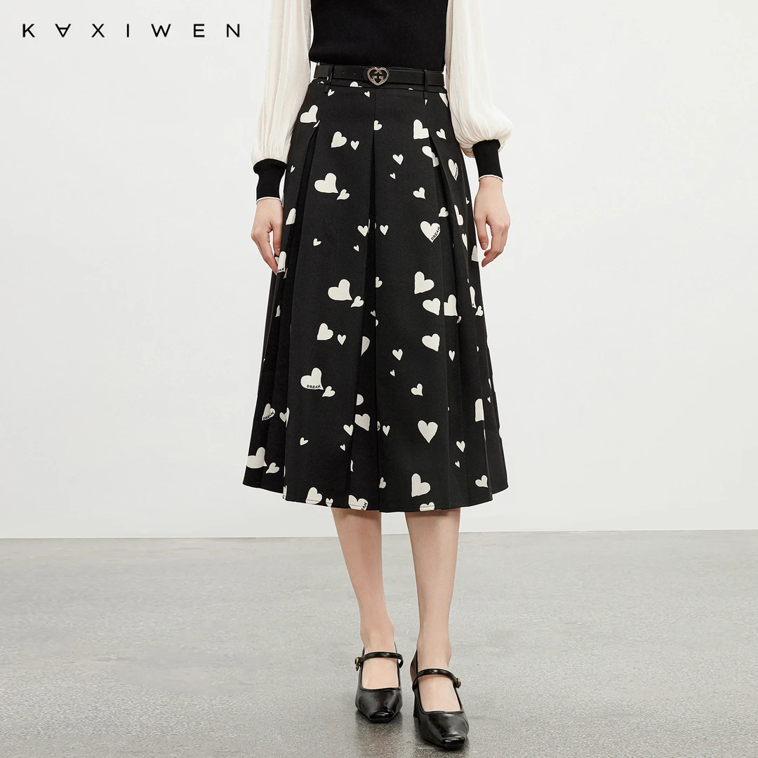 佧茜文百搭高级感爱心裙子【春秋】高腰显瘦压褶半身裙X01BQN1074