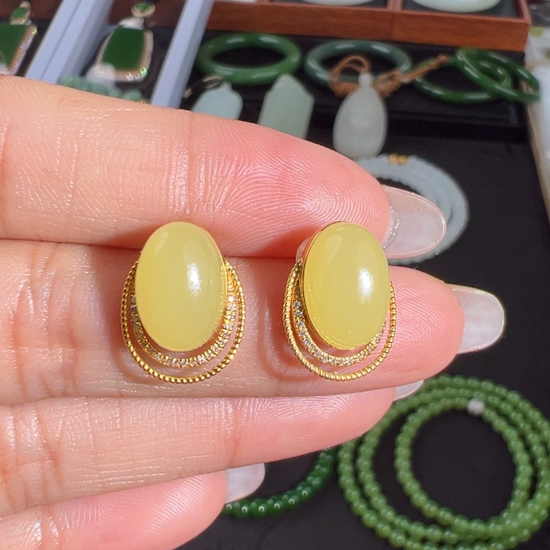 和田玉（黄玉）18K金镶嵌耳饰黄口耳钉