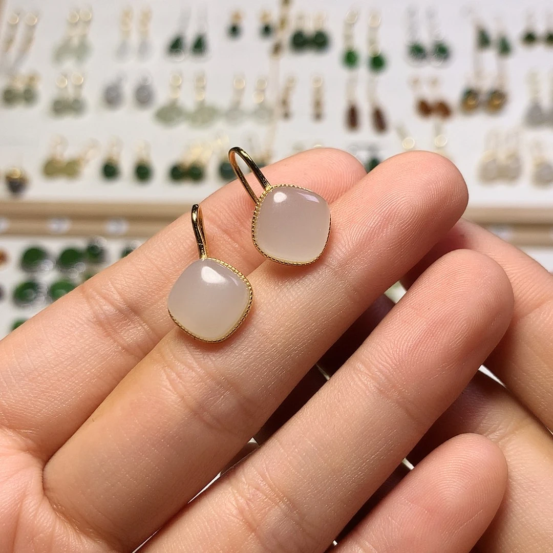 银S925镀金镶嵌和田玉（白玉）耳饰蓁****)