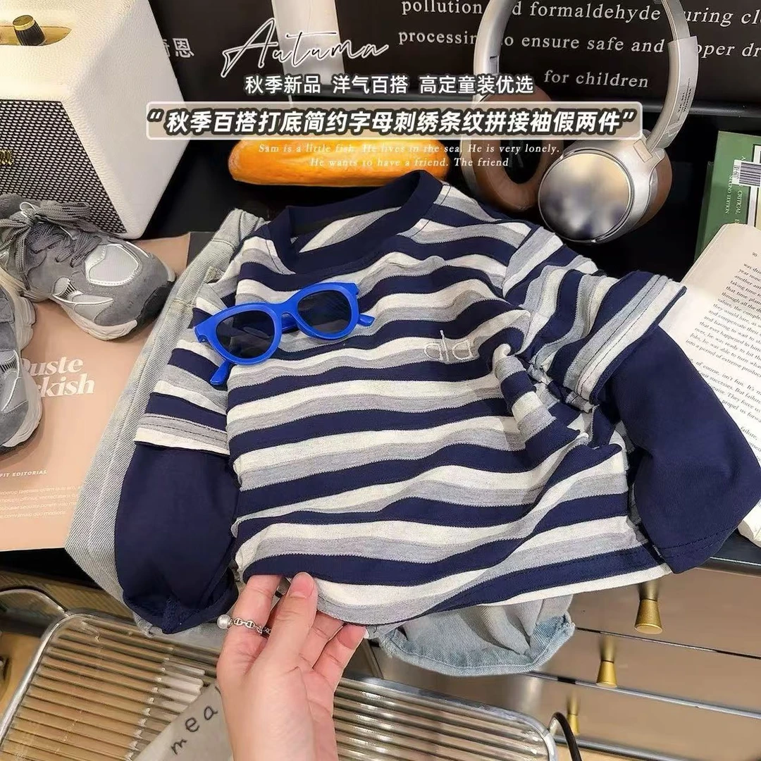 男童2025秋季新款条纹男百搭休闲风T恤长袖日系春秋假两件